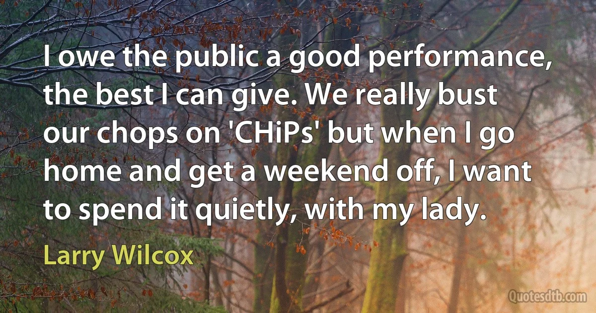 I owe the public a good performance, the best I can give. We really bust our chops on 'CHiPs' but when I go home and get a weekend off, I want to spend it quietly, with my lady. (Larry Wilcox)