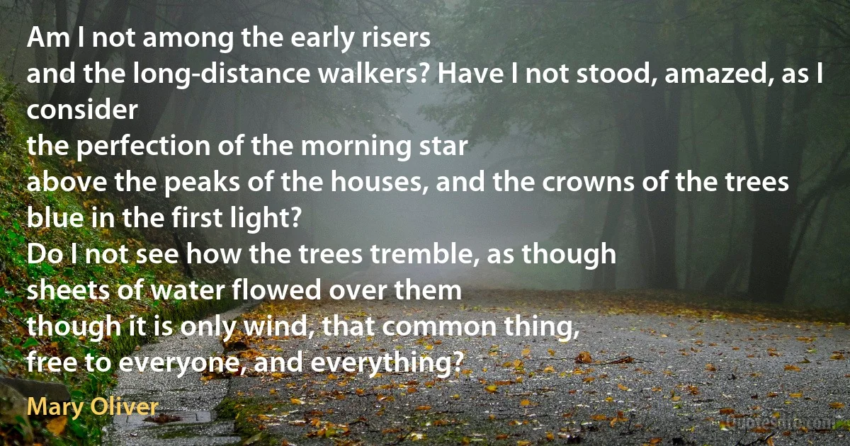 Am I not among the early risers
and the long-distance walkers? Have I not stood, amazed, as I consider
the perfection of the morning star
above the peaks of the houses, and the crowns of the trees
blue in the first light?
Do I not see how the trees tremble, as though
sheets of water flowed over them
though it is only wind, that common thing,
free to everyone, and everything? (Mary Oliver)