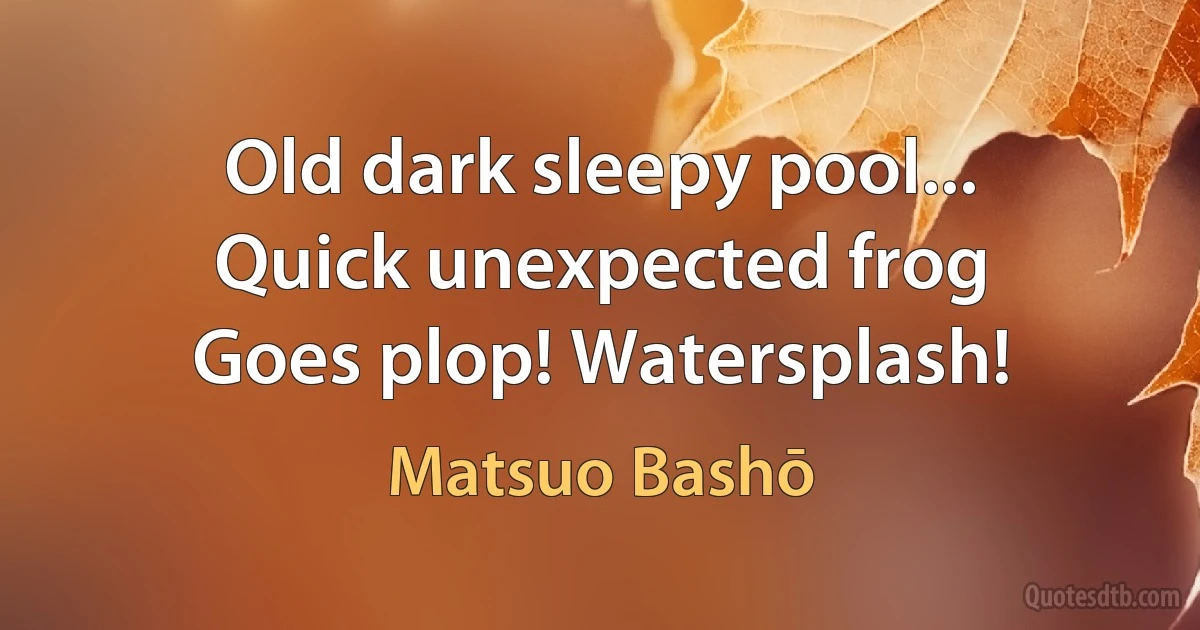 Old dark sleepy pool...
Quick unexpected frog
Goes plop! Watersplash! (Matsuo Bashō)