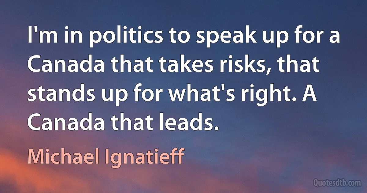 I'm in politics to speak up for a Canada that takes risks, that stands up for what's right. A Canada that leads. (Michael Ignatieff)