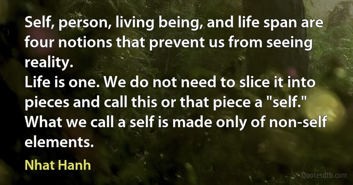 Self, person, living being, and life span are four notions that prevent us from seeing reality.
Life is one. We do not need to slice it into pieces and call this or that piece a "self." What we call a self is made only of non-self elements. (Nhat Hanh)