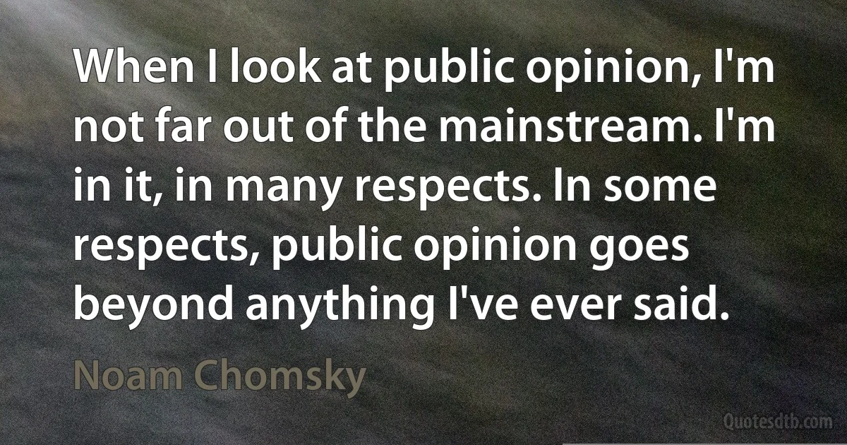 When I look at public opinion, I'm not far out of the mainstream. I'm in it, in many respects. In some respects, public opinion goes beyond anything I've ever said. (Noam Chomsky)