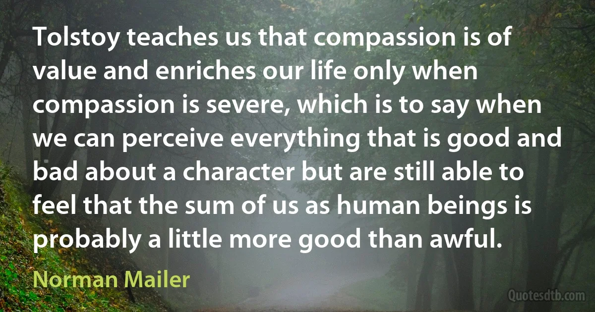 Tolstoy teaches us that compassion is of value and enriches our life only when compassion is severe, which is to say when we can perceive everything that is good and bad about a character but are still able to feel that the sum of us as human beings is probably a little more good than awful. (Norman Mailer)