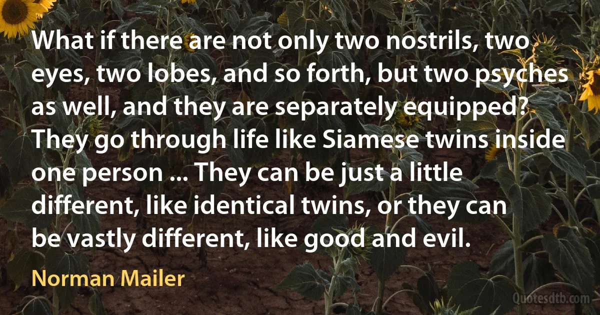 What if there are not only two nostrils, two eyes, two lobes, and so forth, but two psyches as well, and they are separately equipped? They go through life like Siamese twins inside one person ... They can be just a little different, like identical twins, or they can be vastly different, like good and evil. (Norman Mailer)