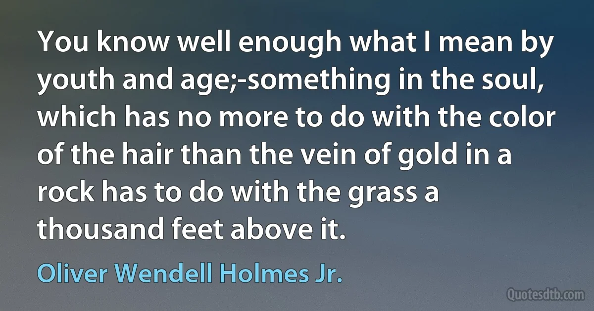 You know well enough what I mean by youth and age;-something in the soul, which has no more to do with the color of the hair than the vein of gold in a rock has to do with the grass a thousand feet above it. (Oliver Wendell Holmes Jr.)