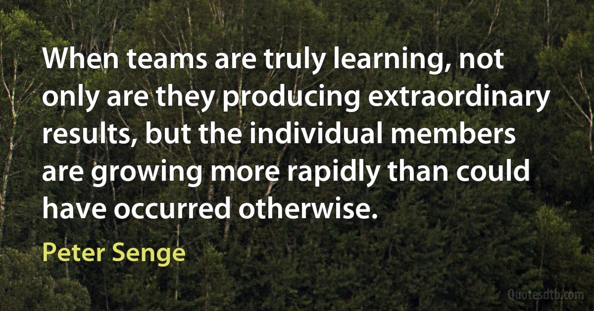 When teams are truly learning, not only are they producing extraordinary results, but the individual members are growing more rapidly than could have occurred otherwise. (Peter Senge)