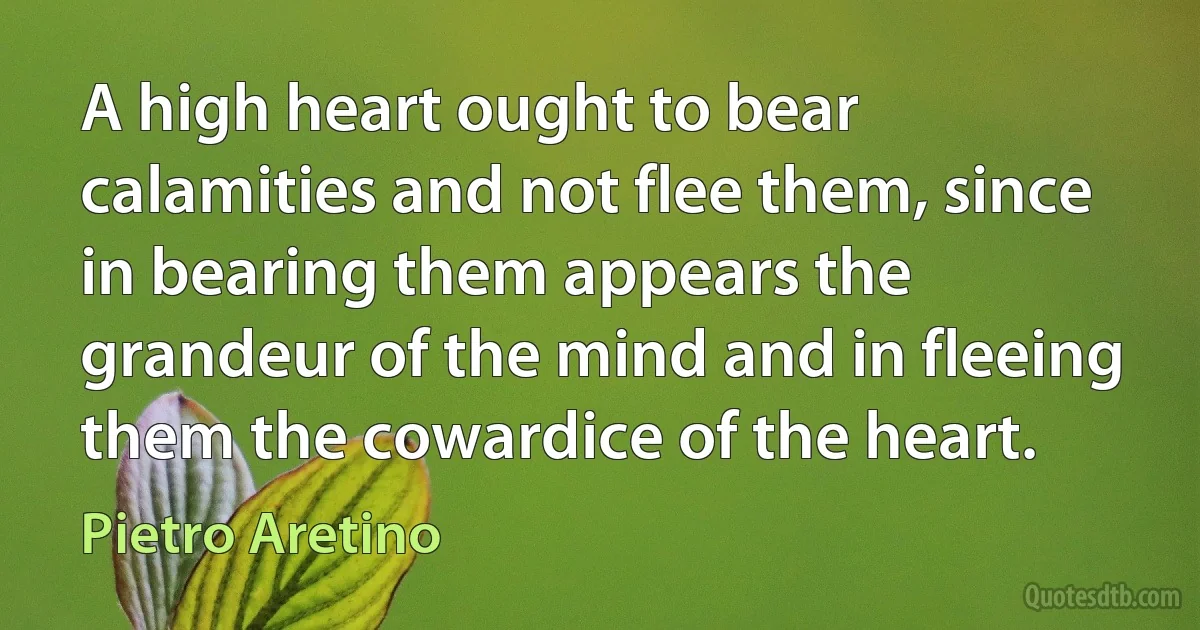 A high heart ought to bear calamities and not flee them, since in bearing them appears the grandeur of the mind and in fleeing them the cowardice of the heart. (Pietro Aretino)