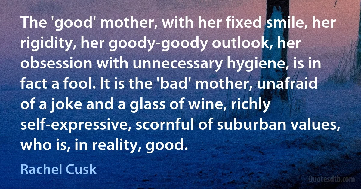 The 'good' mother, with her fixed smile, her rigidity, her goody-goody outlook, her obsession with unnecessary hygiene, is in fact a fool. It is the 'bad' mother, unafraid of a joke and a glass of wine, richly self-expressive, scornful of suburban values, who is, in reality, good. (Rachel Cusk)