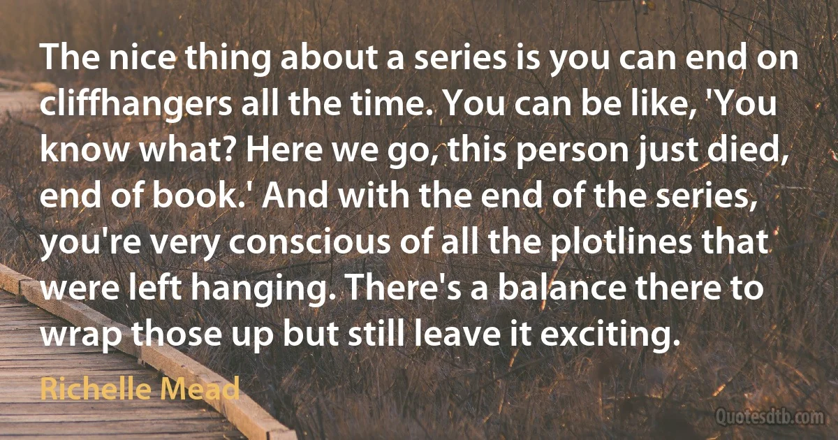 The nice thing about a series is you can end on cliffhangers all the time. You can be like, 'You know what? Here we go, this person just died, end of book.' And with the end of the series, you're very conscious of all the plotlines that were left hanging. There's a balance there to wrap those up but still leave it exciting. (Richelle Mead)