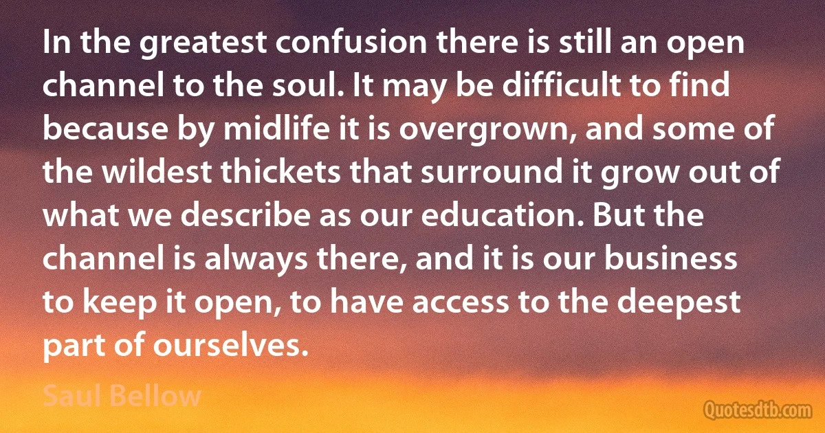 In the greatest confusion there is still an open channel to the soul. It may be difficult to find because by midlife it is overgrown, and some of the wildest thickets that surround it grow out of what we describe as our education. But the channel is always there, and it is our business to keep it open, to have access to the deepest part of ourselves. (Saul Bellow)