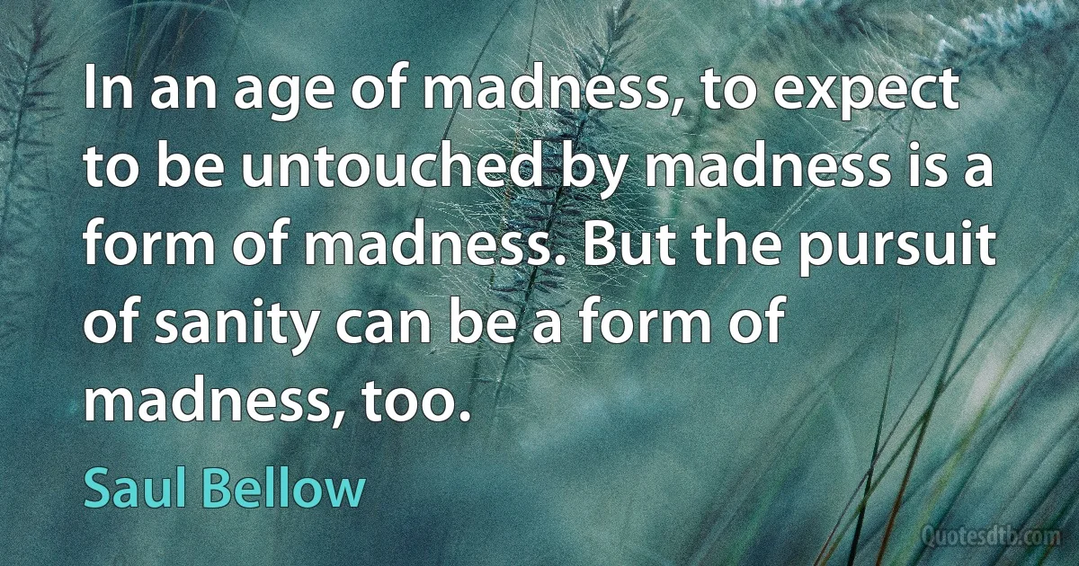 In an age of madness, to expect to be untouched by madness is a form of madness. But the pursuit of sanity can be a form of madness, too. (Saul Bellow)