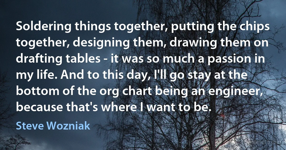 Soldering things together, putting the chips together, designing them, drawing them on drafting tables - it was so much a passion in my life. And to this day, I'll go stay at the bottom of the org chart being an engineer, because that's where I want to be. (Steve Wozniak)