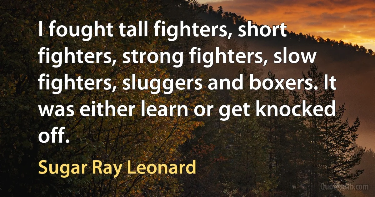 I fought tall fighters, short fighters, strong fighters, slow fighters, sluggers and boxers. It was either learn or get knocked off. (Sugar Ray Leonard)