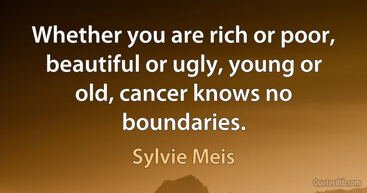 Whether you are rich or poor, beautiful or ugly, young or old, cancer knows no boundaries. (Sylvie Meis)