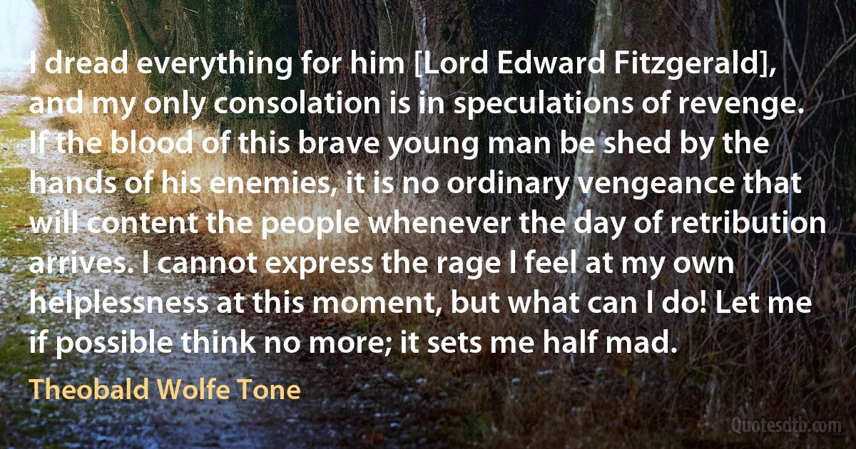 I dread everything for him [Lord Edward Fitzgerald], and my only consolation is in speculations of revenge. If the blood of this brave young man be shed by the hands of his enemies, it is no ordinary vengeance that will content the people whenever the day of retribution arrives. I cannot express the rage I feel at my own helplessness at this moment, but what can I do! Let me if possible think no more; it sets me half mad. (Theobald Wolfe Tone)