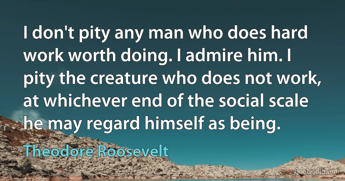 I don't pity any man who does hard work worth doing. I admire him. I pity the creature who does not work, at whichever end of the social scale he may regard himself as being. (Theodore Roosevelt)