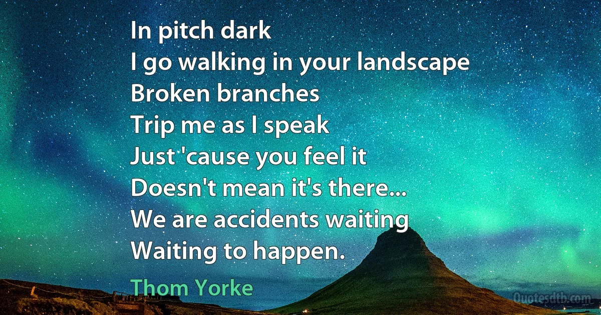 In pitch dark
I go walking in your landscape
Broken branches
Trip me as I speak
Just 'cause you feel it
Doesn't mean it's there...
We are accidents waiting
Waiting to happen. (Thom Yorke)