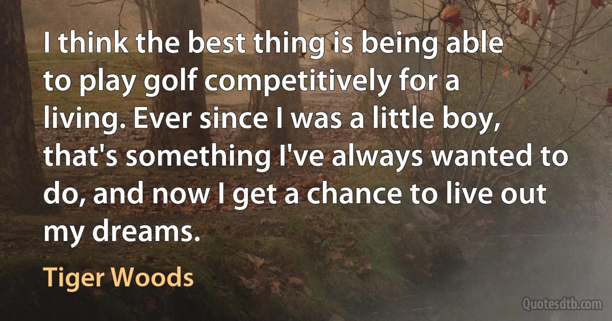 I think the best thing is being able to play golf competitively for a living. Ever since I was a little boy, that's something I've always wanted to do, and now I get a chance to live out my dreams. (Tiger Woods)