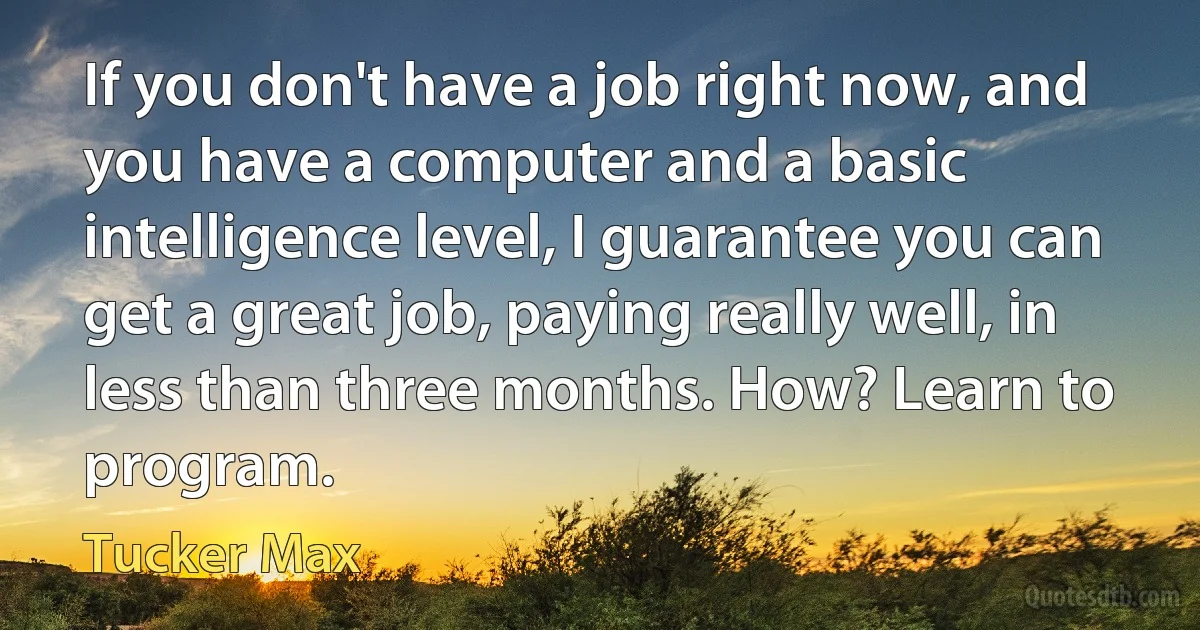 If you don't have a job right now, and you have a computer and a basic intelligence level, I guarantee you can get a great job, paying really well, in less than three months. How? Learn to program. (Tucker Max)