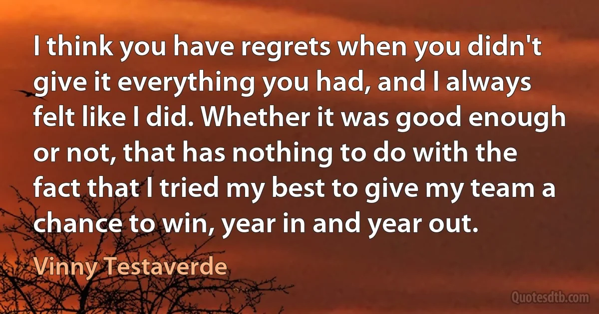 I think you have regrets when you didn't give it everything you had, and I always felt like I did. Whether it was good enough or not, that has nothing to do with the fact that I tried my best to give my team a chance to win, year in and year out. (Vinny Testaverde)