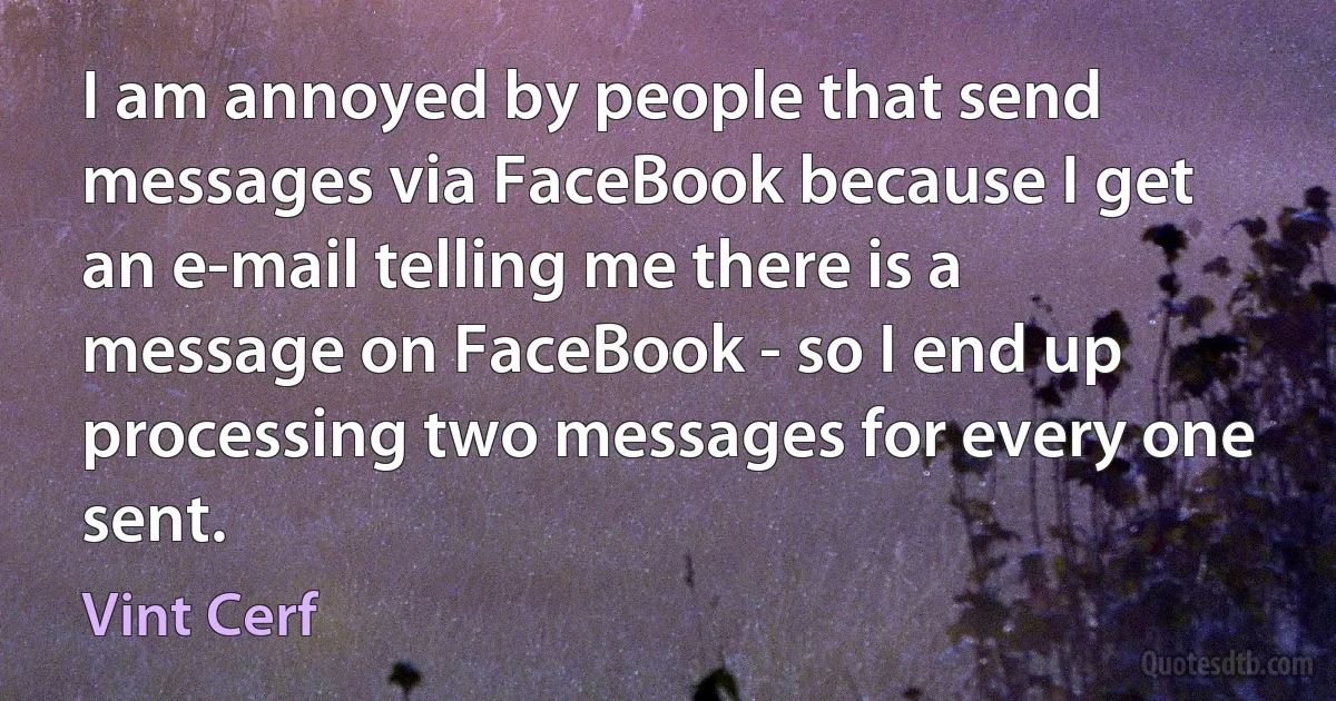 I am annoyed by people that send messages via FaceBook because I get an e-mail telling me there is a message on FaceBook - so I end up processing two messages for every one sent. (Vint Cerf)