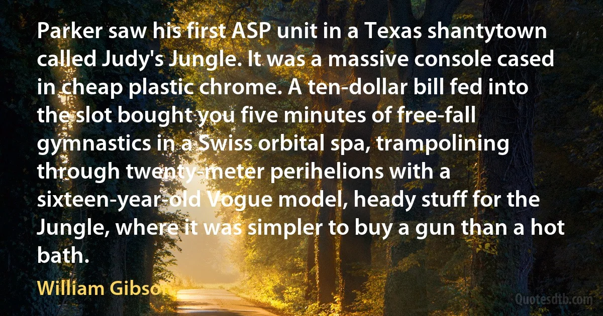 Parker saw his first ASP unit in a Texas shantytown called Judy's Jungle. It was a massive console cased in cheap plastic chrome. A ten-dollar bill fed into the slot bought you five minutes of free-fall gymnastics in a Swiss orbital spa, trampolining through twenty-meter perihelions with a sixteen-year-old Vogue model, heady stuff for the Jungle, where it was simpler to buy a gun than a hot bath. (William Gibson)