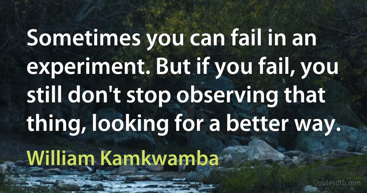 Sometimes you can fail in an experiment. But if you fail, you still don't stop observing that thing, looking for a better way. (William Kamkwamba)