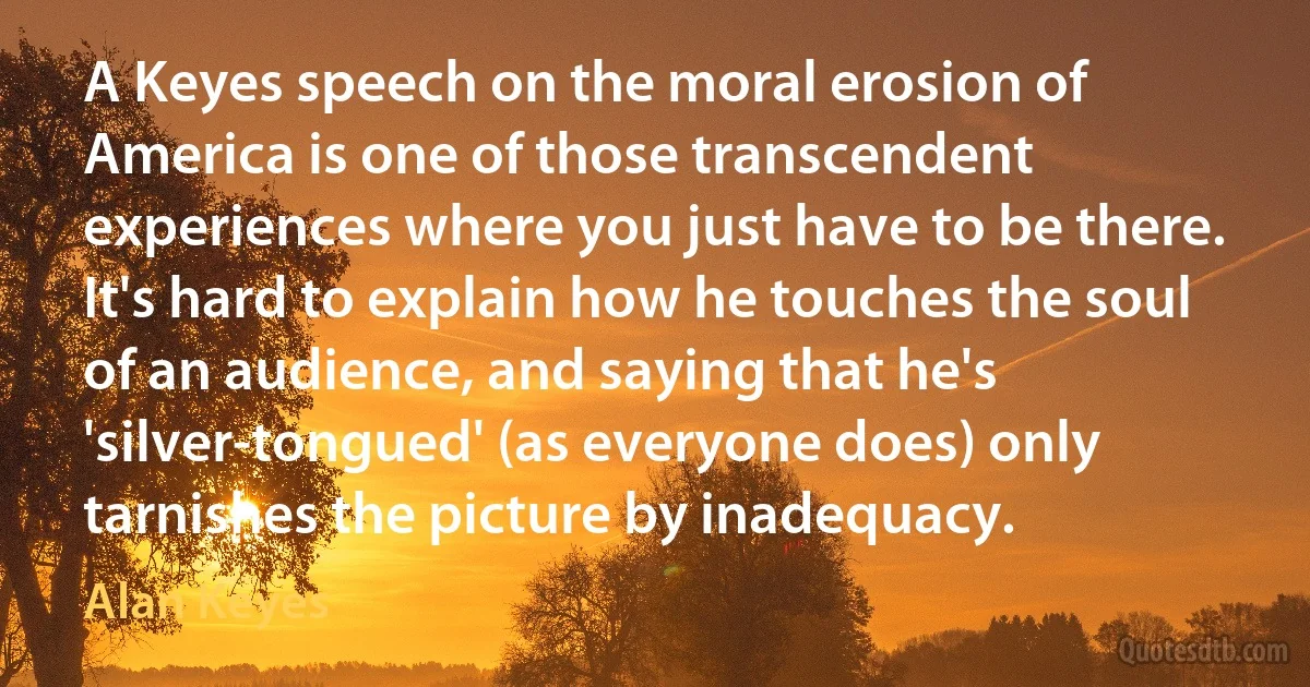 A Keyes speech on the moral erosion of America is one of those transcendent experiences where you just have to be there. It's hard to explain how he touches the soul of an audience, and saying that he's 'silver-tongued' (as everyone does) only tarnishes the picture by inadequacy. (Alan Keyes)