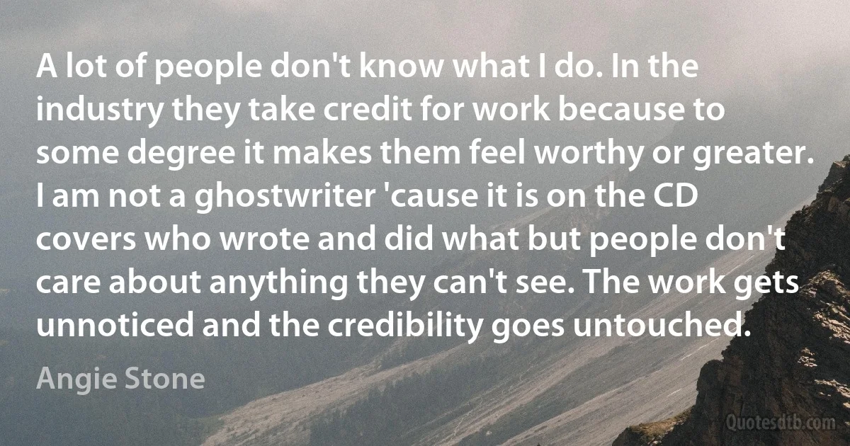 A lot of people don't know what I do. In the industry they take credit for work because to some degree it makes them feel worthy or greater. I am not a ghostwriter 'cause it is on the CD covers who wrote and did what but people don't care about anything they can't see. The work gets unnoticed and the credibility goes untouched. (Angie Stone)