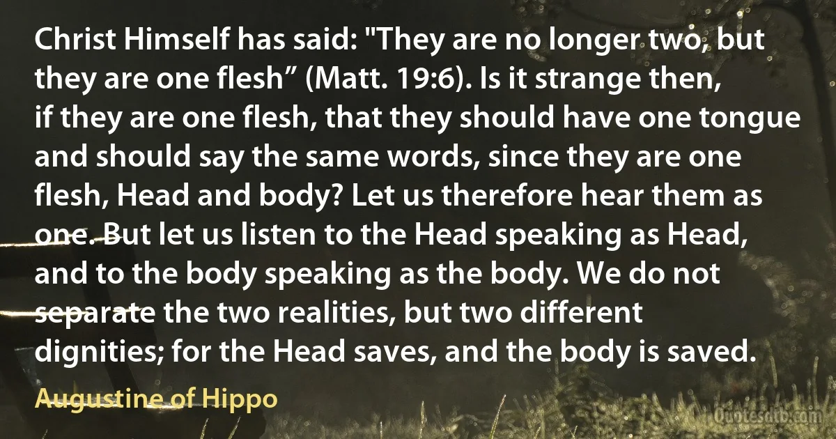 Christ Himself has said: "They are no longer two, but they are one flesh” (Matt. 19:6). Is it strange then, if they are one flesh, that they should have one tongue and should say the same words, since they are one flesh, Head and body? Let us therefore hear them as one. But let us listen to the Head speaking as Head, and to the body speaking as the body. We do not separate the two realities, but two different dignities; for the Head saves, and the body is saved. (Augustine of Hippo)