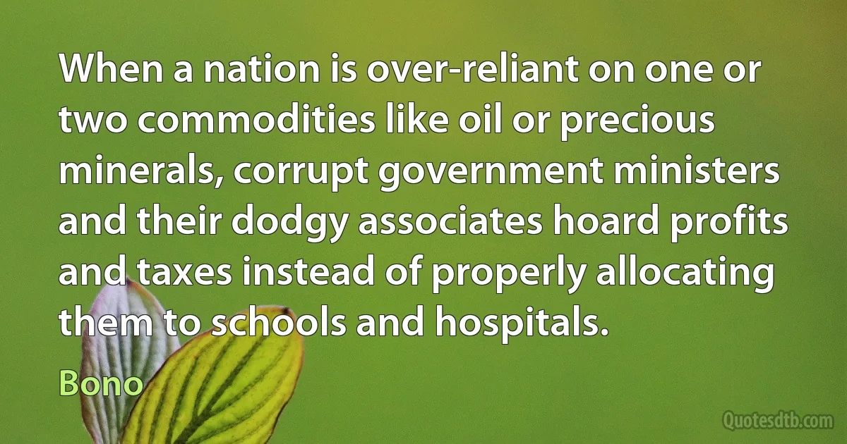 When a nation is over-reliant on one or two commodities like oil or precious minerals, corrupt government ministers and their dodgy associates hoard profits and taxes instead of properly allocating them to schools and hospitals. (Bono)