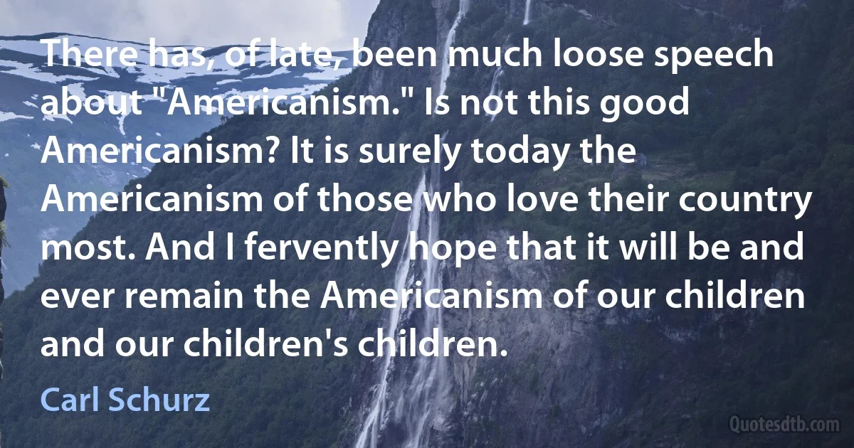 There has, of late, been much loose speech about "Americanism." Is not this good Americanism? It is surely today the Americanism of those who love their country most. And I fervently hope that it will be and ever remain the Americanism of our children and our children's children. (Carl Schurz)