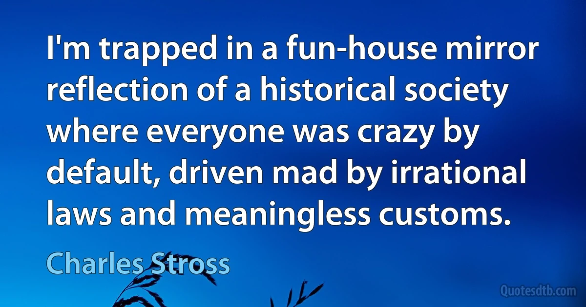 I'm trapped in a fun-house mirror reflection of a historical society where everyone was crazy by default, driven mad by irrational laws and meaningless customs. (Charles Stross)