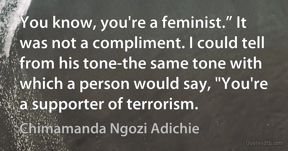 You know, you're a feminist.” It was not a compliment. I could tell from his tone-the same tone with which a person would say, "You're a supporter of terrorism. (Chimamanda Ngozi Adichie)