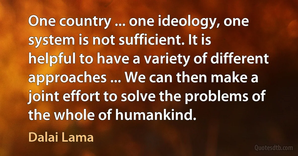 One country ... one ideology, one system is not sufficient. It is helpful to have a variety of different approaches ... We can then make a joint effort to solve the problems of the whole of humankind. (Dalai Lama)