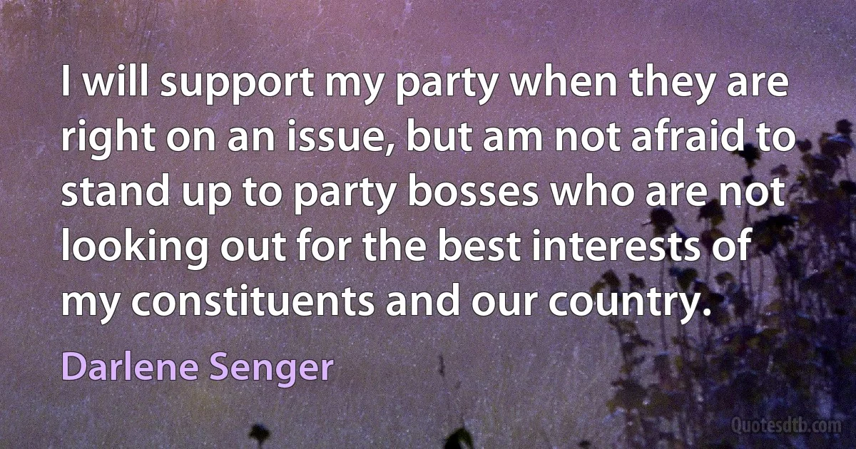 I will support my party when they are right on an issue, but am not afraid to stand up to party bosses who are not looking out for the best interests of my constituents and our country. (Darlene Senger)