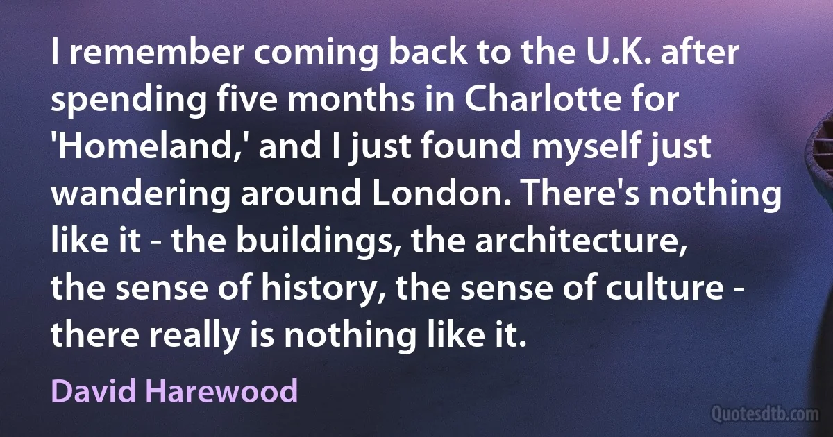 I remember coming back to the U.K. after spending five months in Charlotte for 'Homeland,' and I just found myself just wandering around London. There's nothing like it - the buildings, the architecture, the sense of history, the sense of culture - there really is nothing like it. (David Harewood)