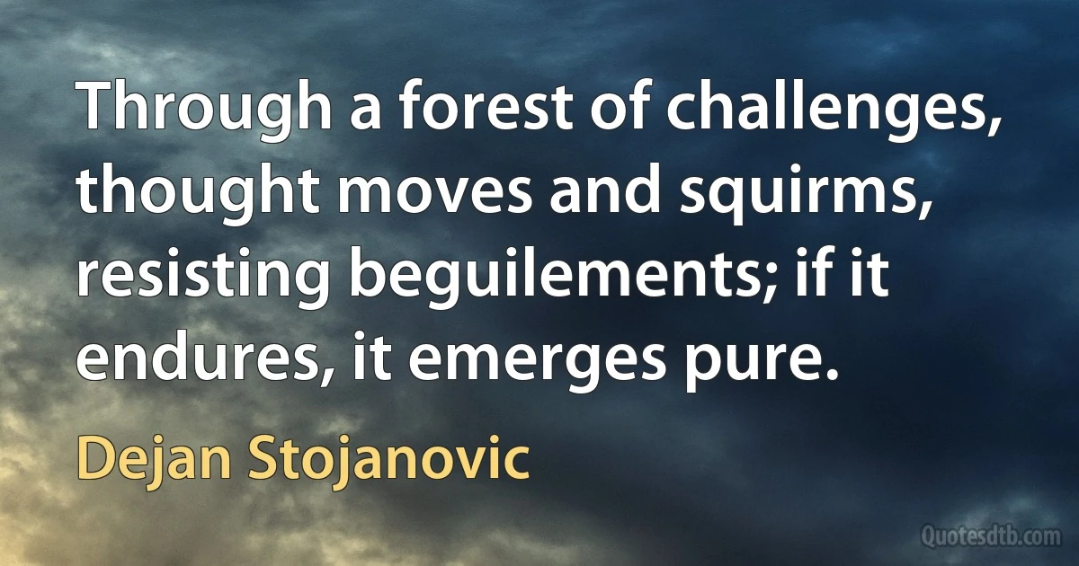 Through a forest of challenges, thought moves and squirms, resisting beguilements; if it endures, it emerges pure. (Dejan Stojanovic)