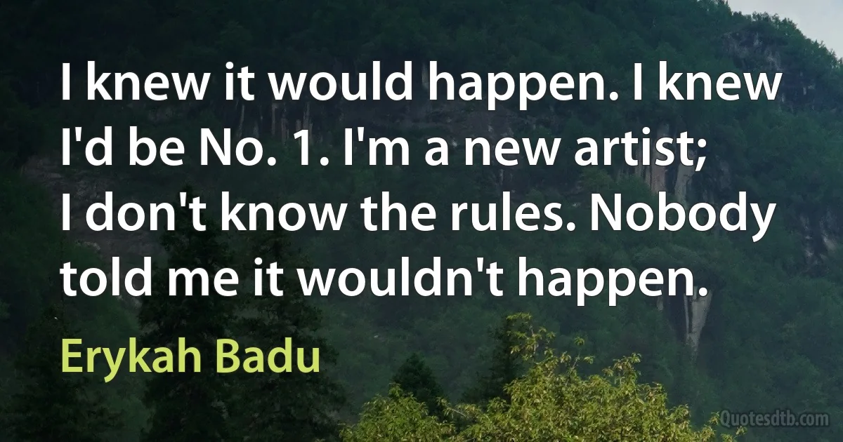 I knew it would happen. I knew I'd be No. 1. I'm a new artist; I don't know the rules. Nobody told me it wouldn't happen. (Erykah Badu)