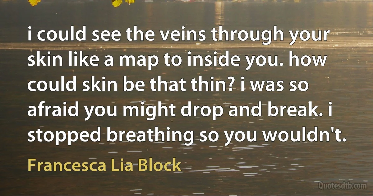 i could see the veins through your skin like a map to inside you. how could skin be that thin? i was so afraid you might drop and break. i stopped breathing so you wouldn't. (Francesca Lia Block)