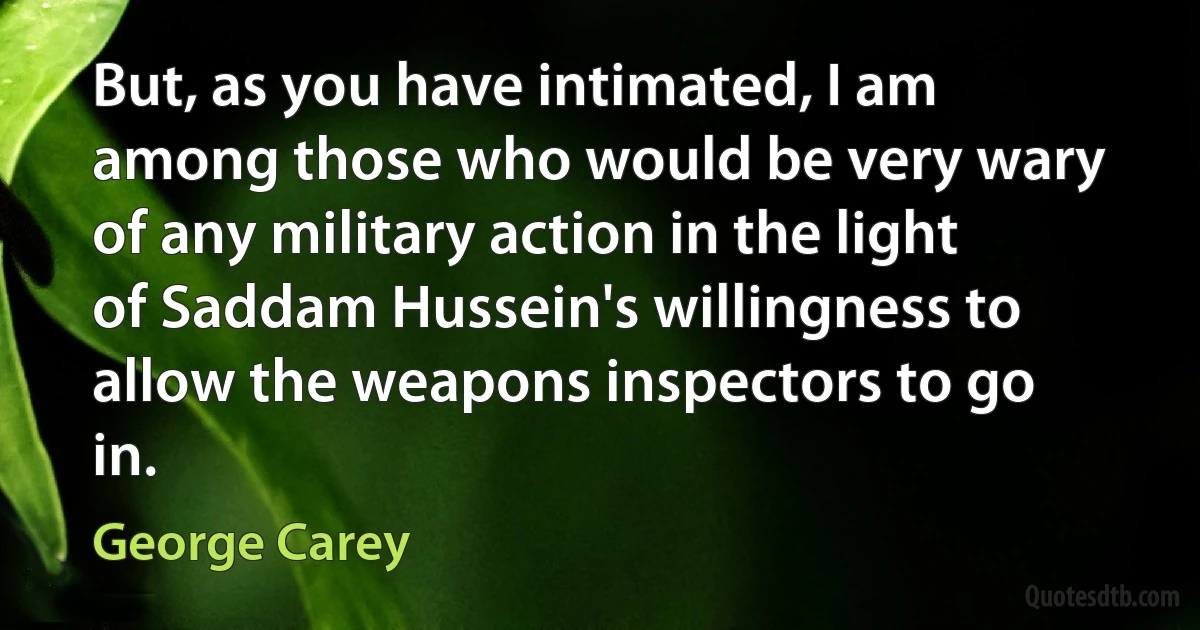 But, as you have intimated, I am among those who would be very wary of any military action in the light of Saddam Hussein's willingness to allow the weapons inspectors to go in. (George Carey)