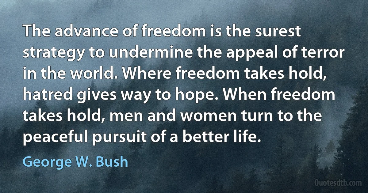 The advance of freedom is the surest strategy to undermine the appeal of terror in the world. Where freedom takes hold, hatred gives way to hope. When freedom takes hold, men and women turn to the peaceful pursuit of a better life. (George W. Bush)