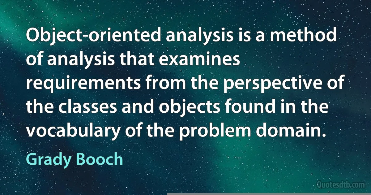 Object-oriented analysis is a method of analysis that examines requirements from the perspective of the classes and objects found in the vocabulary of the problem domain. (Grady Booch)