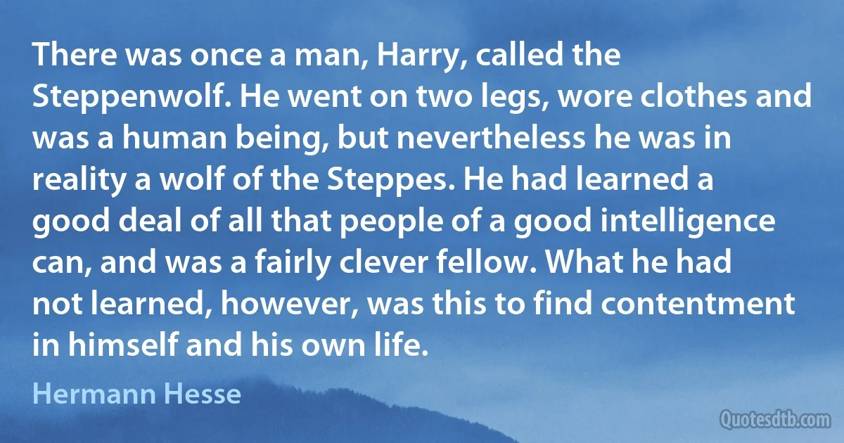 There was once a man, Harry, called the Steppenwolf. He went on two legs, wore clothes and was a human being, but nevertheless he was in reality a wolf of the Steppes. He had learned a good deal of all that people of a good intelligence can, and was a fairly clever fellow. What he had not learned, however, was this to find contentment in himself and his own life. (Hermann Hesse)