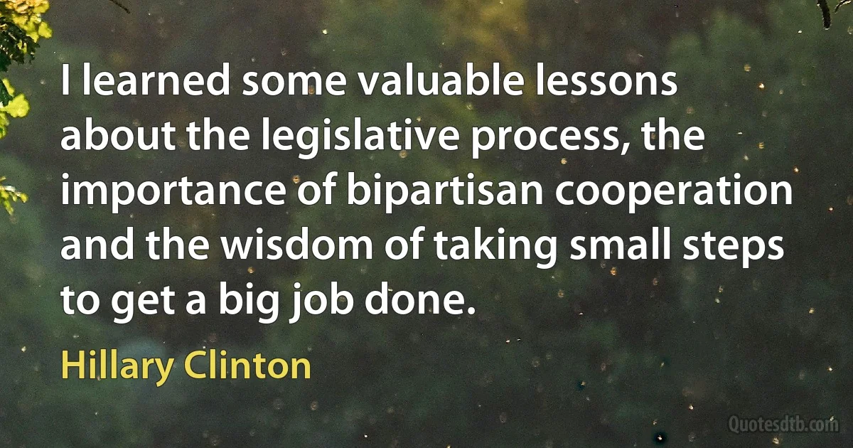 I learned some valuable lessons about the legislative process, the importance of bipartisan cooperation and the wisdom of taking small steps to get a big job done. (Hillary Clinton)