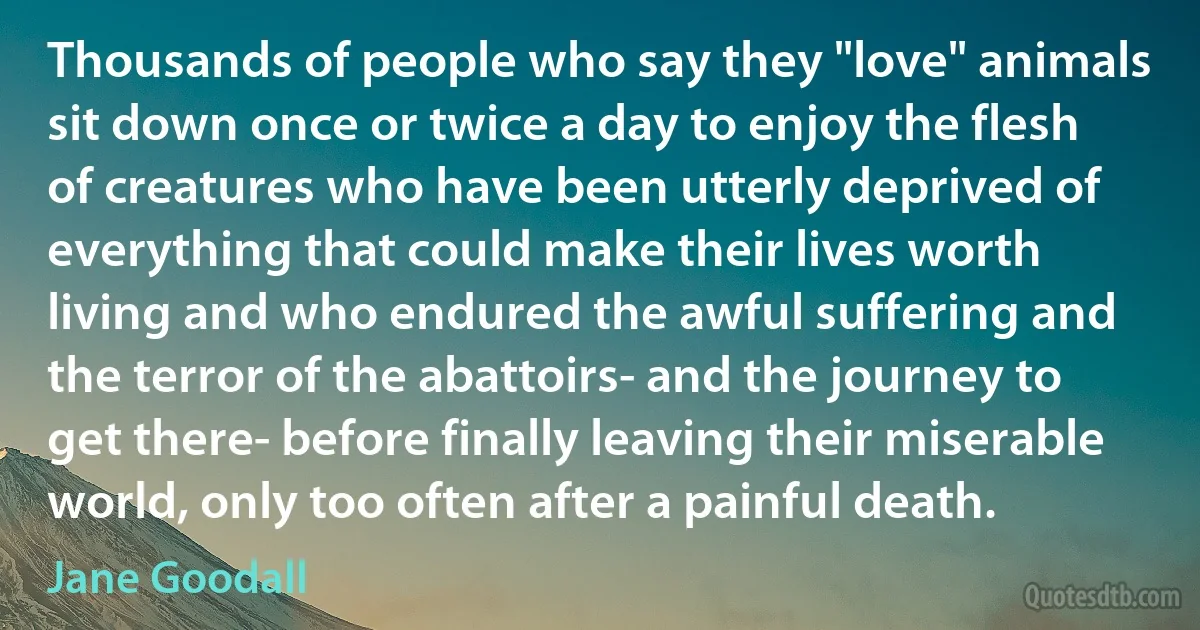 Thousands of people who say they "love" animals sit down once or twice a day to enjoy the flesh of creatures who have been utterly deprived of everything that could make their lives worth living and who endured the awful suffering and the terror of the abattoirs- and the journey to get there- before finally leaving their miserable world, only too often after a painful death. (Jane Goodall)