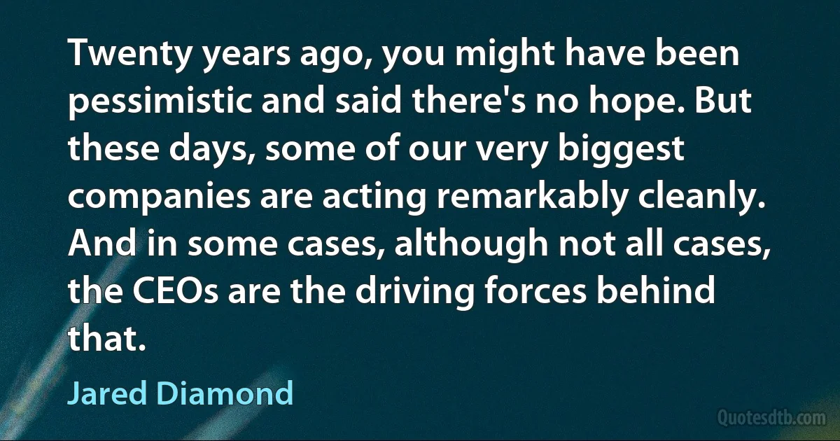 Twenty years ago, you might have been pessimistic and said there's no hope. But these days, some of our very biggest companies are acting remarkably cleanly. And in some cases, although not all cases, the CEOs are the driving forces behind that. (Jared Diamond)