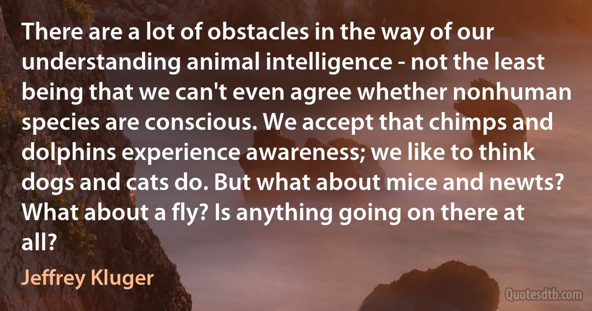 There are a lot of obstacles in the way of our understanding animal intelligence - not the least being that we can't even agree whether nonhuman species are conscious. We accept that chimps and dolphins experience awareness; we like to think dogs and cats do. But what about mice and newts? What about a fly? Is anything going on there at all? (Jeffrey Kluger)