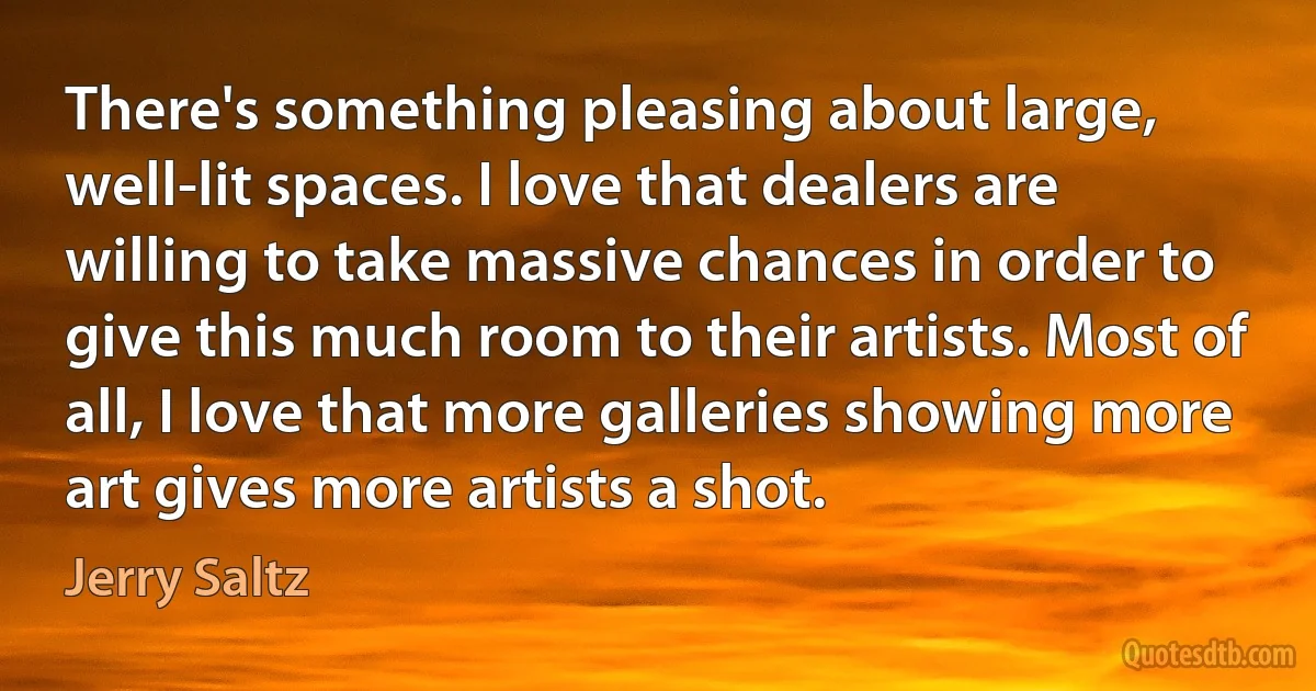 There's something pleasing about large, well-lit spaces. I love that dealers are willing to take massive chances in order to give this much room to their artists. Most of all, I love that more galleries showing more art gives more artists a shot. (Jerry Saltz)