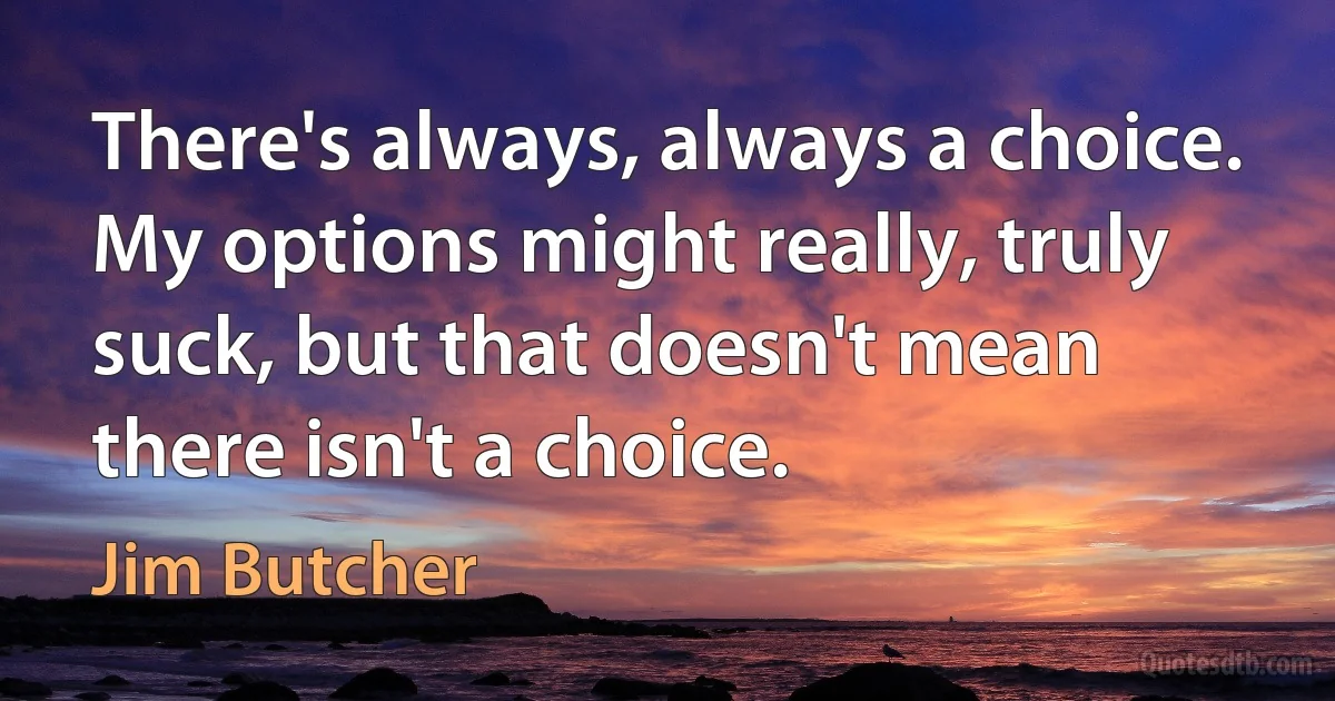 There's always, always a choice. My options might really, truly suck, but that doesn't mean there isn't a choice. (Jim Butcher)